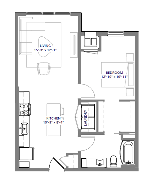 Floor plan for 1 bed, 1 bath, 672 sqft